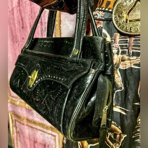 Beautiful leather hand tooled black Flores Bag